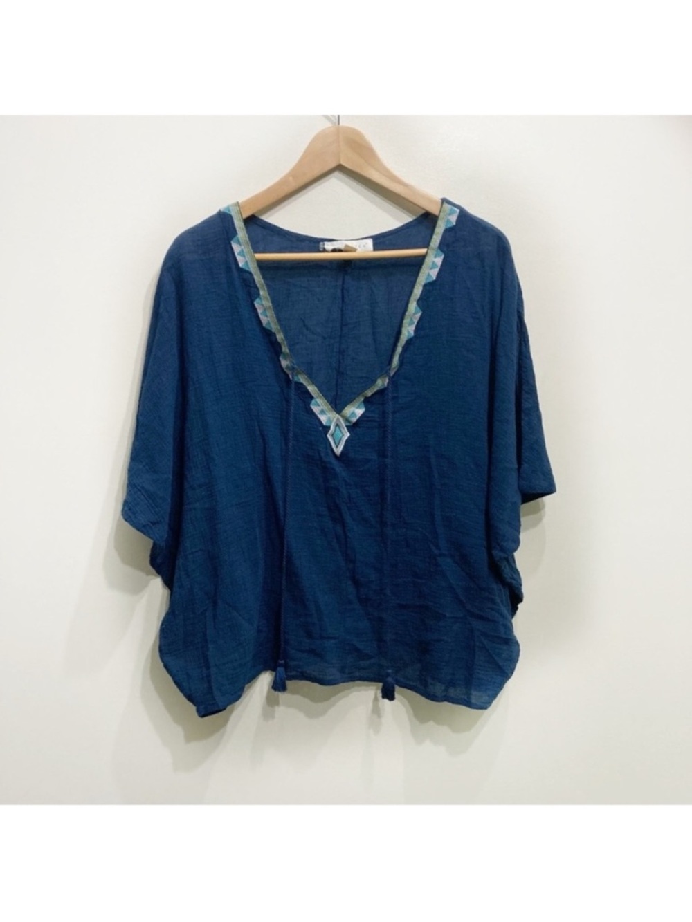 Lovestitch Vneck Tassle Front Embroidered Cotton Blouse Navy Blue Size Medium